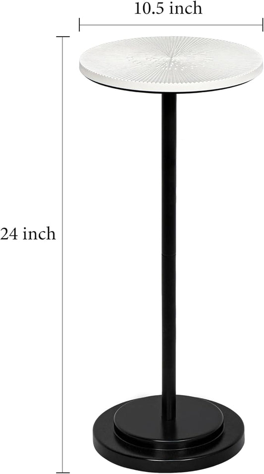 Drink Table, Carved Table Top Martini Table, Small Side Table, Weighted Base Pedestal Table for Living Room, Bedroom, Modern, White and Black