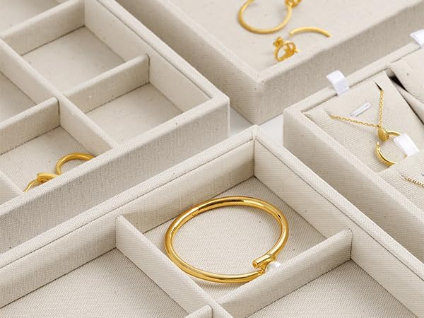 24 Grids Linen Necklace Tray Jewelry Display Tray Necklace Holder Organizer for Drawers With Removable Jewelery Cards Pendant Bracelet Storage (Beige)