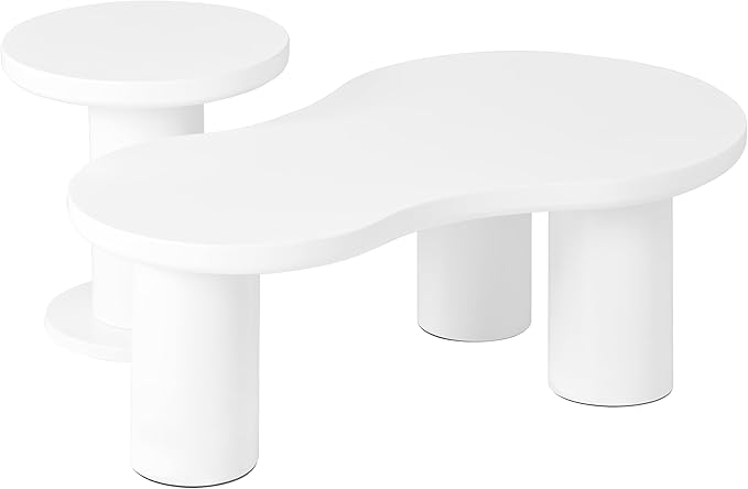 GDFStudio 39.3'' Nesting Coffee Table Set of 2,Cloud-Shaped & Round Side Tables, Minimalist Irregular Center Table with Sturdy Legs for Living Room,Easy Assembly,White
