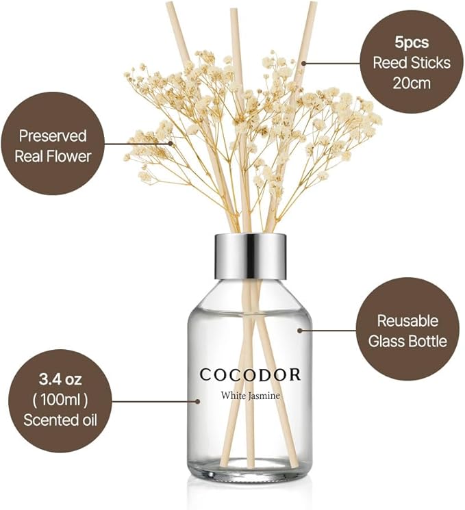 COCODOR Flower Reed Diffuser Set / 3.4oz / April Breeze/Scent Diffuser with Sticks Home Fragrance Reed Diffuser for Bathroom Shelf Decor