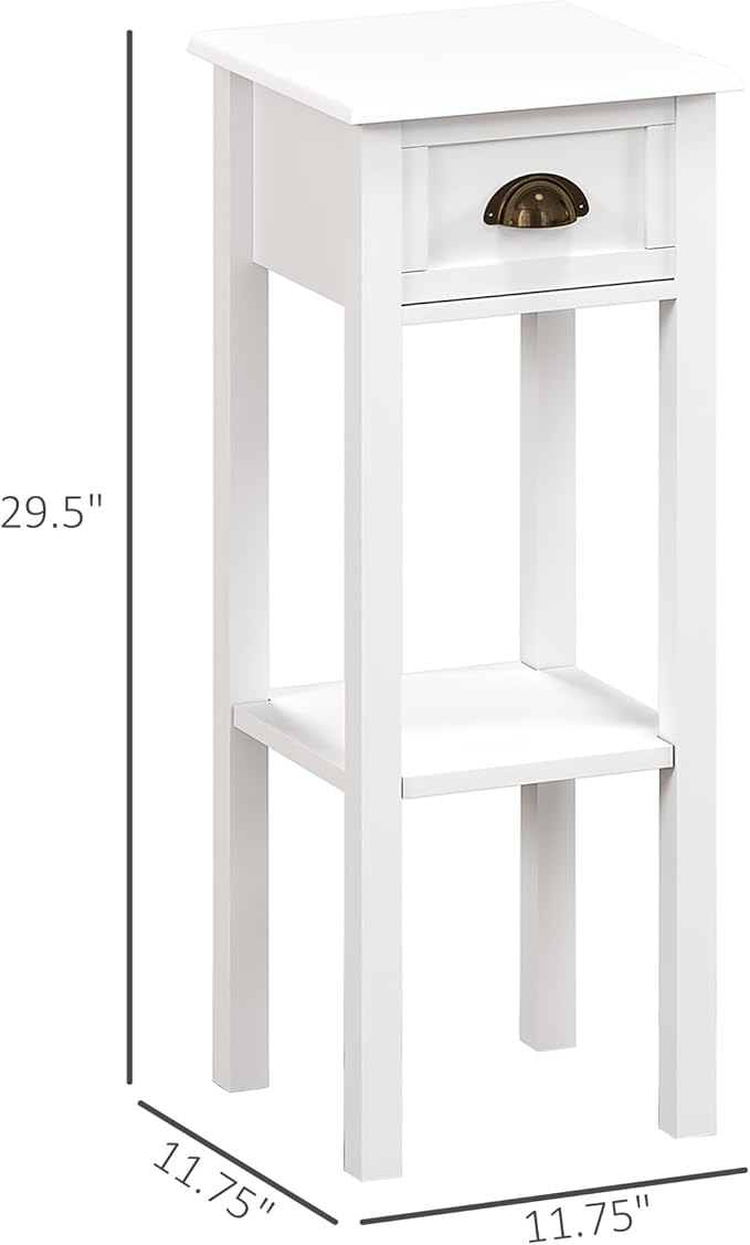 HOMCOM 2-Tier Side Table with Drawer, Narrow End Table with Bottom Shelf, for Living Room, Set of 2, White