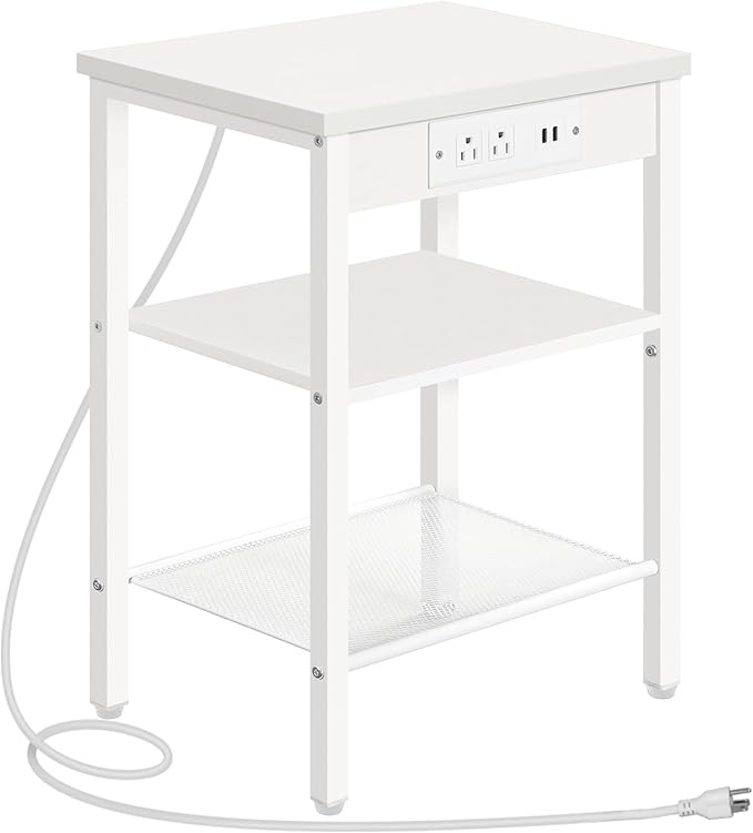 HOOBRO Side Table with Charging Station and USB Ports, Small End Table for Small Space, 3-Tier Nightstand with Adjustable Shelf, for Living Room, Bedroom and Balcony, White WW112BZ01