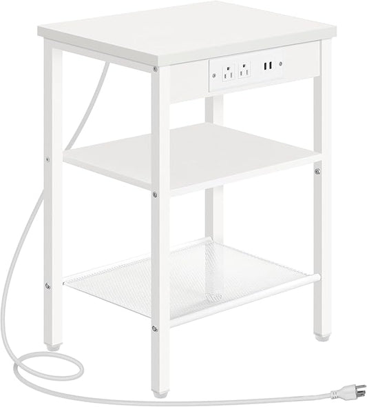 HOOBRO Side Table with Charging Station and USB Ports, Small End Table for Small Space, 3-Tier Nightstand with Adjustable Shelf, for Living Room, Bedroom and Balcony, White WW112BZ01