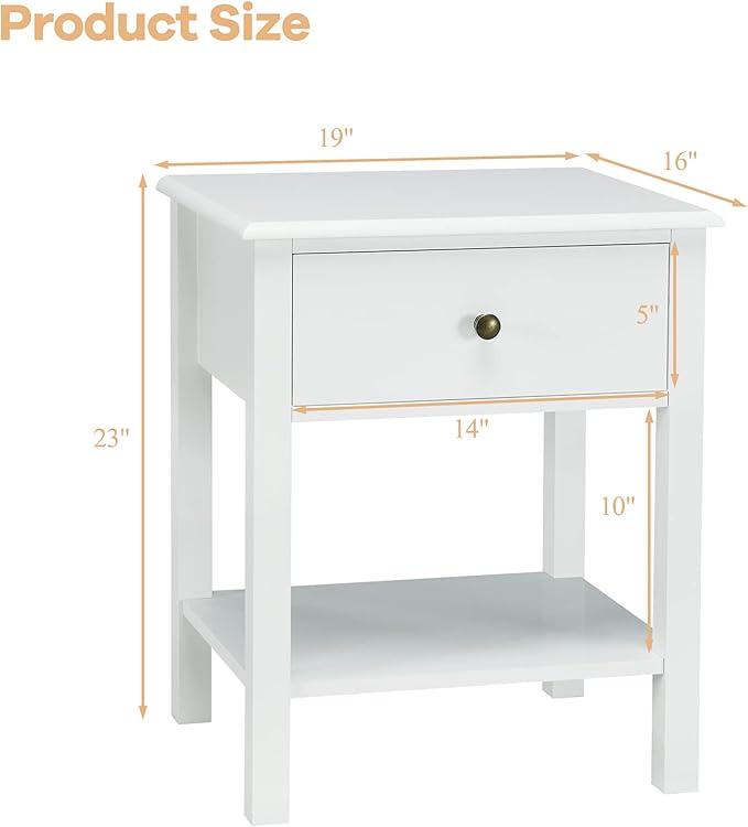 Giantex Nightstand, 2-Tier End Table with Drawer and Open Storage Shelf, Modern Bedside Tables, Wooden Side Table Night Stand for Bedroom, Dorm, Small Spaces, Easy Assembly, White