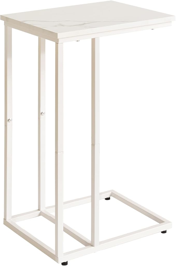 C Shaped End Table, Small Side Table for Sofa and Bed, White Bedside Table, Laptop Desk for Couch 16x12x25 inch Faux Marble+White YD-TM051W