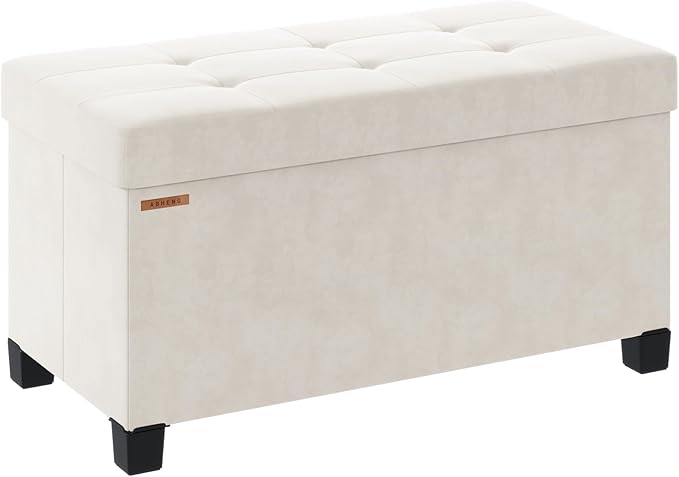 Foldable Storage Ottoman Bench, Velvet Footrest and Seat Cube with Feet, Storage Chest, for Living Room, Bedroom and Office, 15 x 30 x 15.7 Inches, Cream White,ASND23W