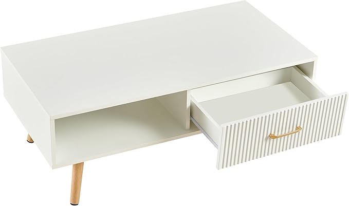 IANIYA Boho Coffee Table with Storage, Dining Table with Rattan Drawer and Solid Wood Legs, Small Center Tables for Living Room Small Space(All White)