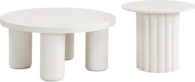 Modern Coffee Table Set of 2, Round Center Table with Roman Column Legs,Space-Saving Stackable Design,Matching End Tables for Living Room, Industrial & Functional, Easy Assembly,White