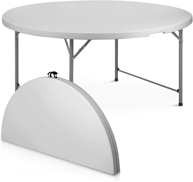 Athena Collection 5.5 ft Plastic Folding Dining Table, Large Foldable Round Card Table Portable with Carry Handle Heavy Duty Fold-in-Half for Indoor Outdoor Party Camping, Grey