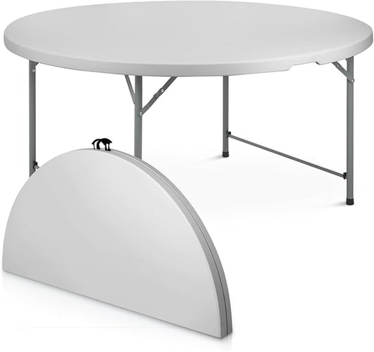 Athena Collection 5.5 ft Plastic Folding Dining Table, Large Foldable Round Card Table Portable with Carry Handle Heavy Duty Fold-in-Half for Indoor Outdoor Party Camping, Grey