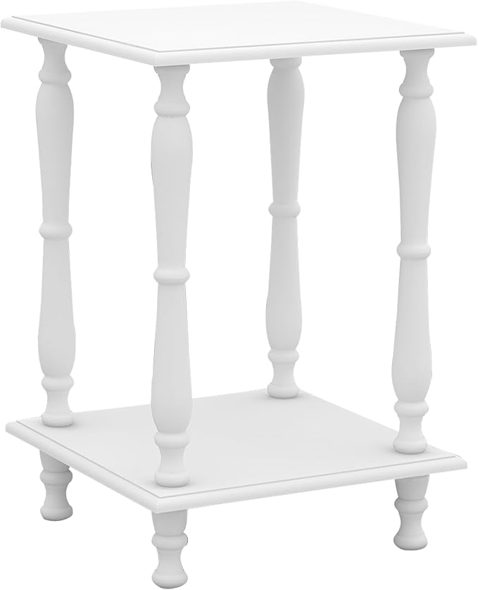TaoHFE European Style End Tables Living Room White Square Sofa End Table 2-Tier Wooden End Side Table with Open Shelf Retro Vintage 24 Inch Bed Side Table for Bedroom Small Space, White