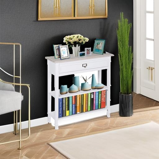 kinbor Accent White Console Table with Drawer and Shelf, Wood Sofa Table with Storage for Entryway Hallway Living Room