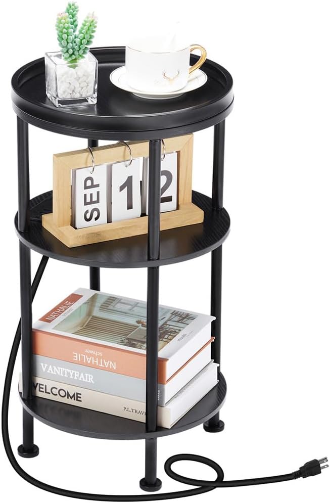 Small Round Side Table with Charging Station for Small Spaces, 3-Tier Accent Table with USB Ports & Power Outlets, Sofa Corner Tea Table for Living Room Nightstand Bedroom Apartment (Black)