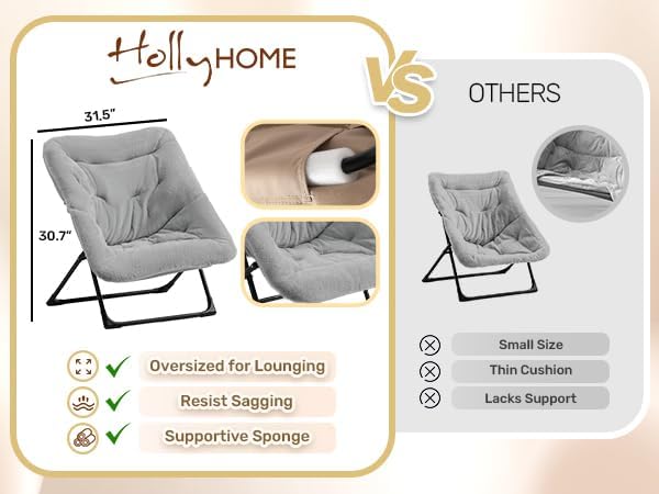 HollyHOME X-Large Saucer Chair with Foldable Ottoman, Comfy Oversized Folding Chair and Folding Footrest Stool Set, Faux-Fur Reading Chair and Footstool for Living Room, Bedroom, Grey Chair&Stool