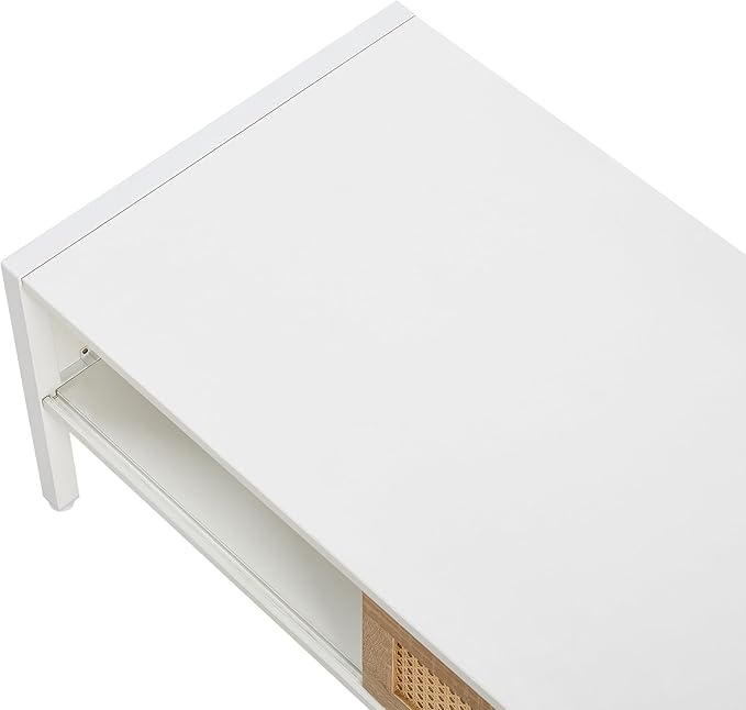 Modern Rattan Coffee Table, Living Room Center Table with Sliding Door Storage, Metal Legs Stylish Rustic Brown Woven Design, Sturdy & Spacious,White