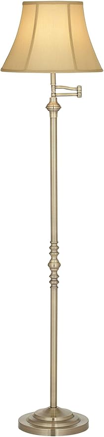 Regency Hill Montebello Traditional Adjustable Swing Arm Floor Lamp Standing 60" Tall Antique Brass Metal Column Golden Tan Bell Shade for Living Room Reading House Family Bedroom Home
