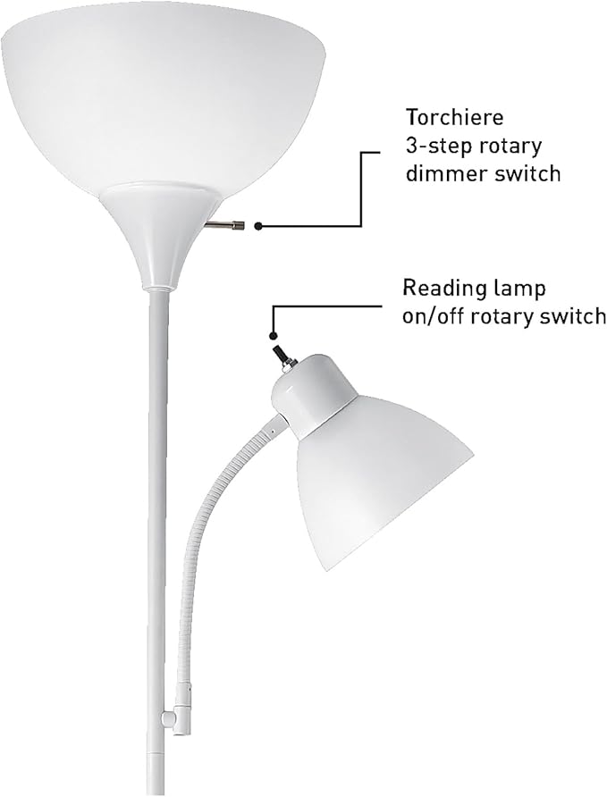 GLOBE Electric 67136 72" Torchiere Floor Lamp with Adjustable Reading Light, Matte White Finish, Frosted Shades, Rotary Switch on Socket, E26 Base (Pack of 2)