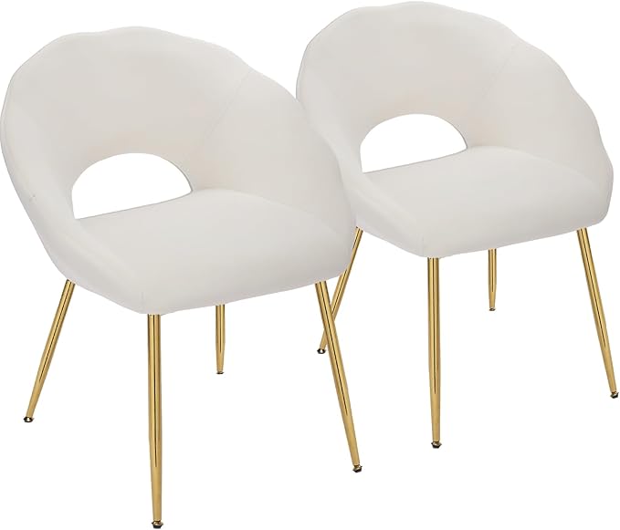 Modern Small Accent Chair Set of 2, Comfy Velvet Vanity Chair with Shell Back & Golden Metal Legs, Decorative Chair no Wheels for Living Room, Makeup Room, Bedroom, Beige