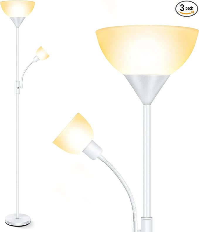 Floor Lamps for Living Room White, Standing Lamp, Torchiere Floor Lamps with Adjustable Reading Light, 71" Tall Pole Lamps, 3 Way Switch, Torch Corner Floor Lamp for Bedroom/Office(E26 Base, No Bulb)