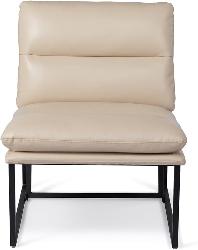 Glitzhome Mid Century Modern Accent Chair, Beige Thick Leatherette With Metal Frame, Side Chair With Backrest, Upholstered Leisure for Living Room, Bedroom, Office, 1PC