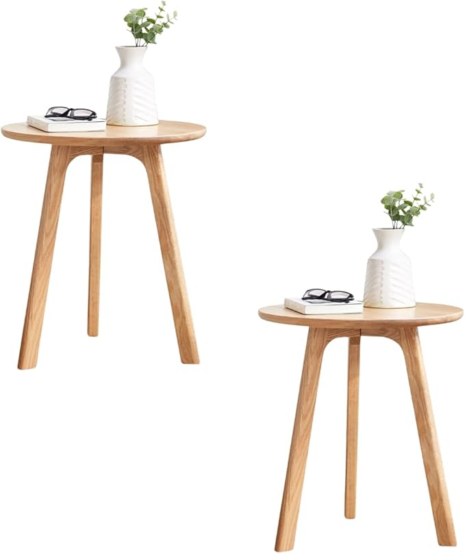 100% Solid Oak Round Side Table, Small Side Table for Small Spaces, 3-Legged Living Room End Tables Set of 2with Stable Frame for Bedroom Couch Side Entryway, Natural