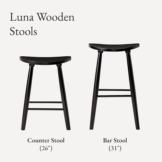 Maven Lane Luna Counter Stool – 26 Inches – Round Stool with Footrest – Black Solid Wood – Space-Saving Design for Kitchen Counters & Islands, Ideal for Apartments, Dorms & Compact Living