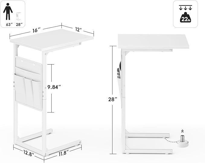 Vagusicc C Shaped End Table, Small Side Table for Couch, Couch Side Table Arm C Table for Sofa, TV Tray Slide Under Sofa Drink Table with Metal Frame for Living Room, Bedroom, Bedside, White
