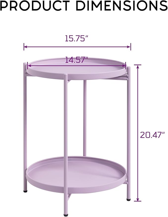 HollyHOME 2-Tier Round Side Table, Outdoor Small Folding Accent Stand with Removable Tray, Anti-Rust Metal Asional Table for Balcony Patio Living Room, Nightstand for Bedroom(Purple)