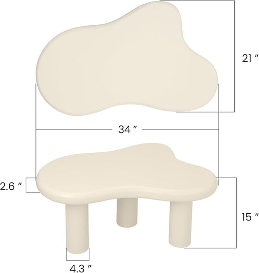 34"(L) Cloud Coffee Table, Modern Wood Coffee Table for Living Room, Accent Unique Center Tables with 3 Legs, Small Tea Tables for Balcony, Patio, Bedroom, Cream White