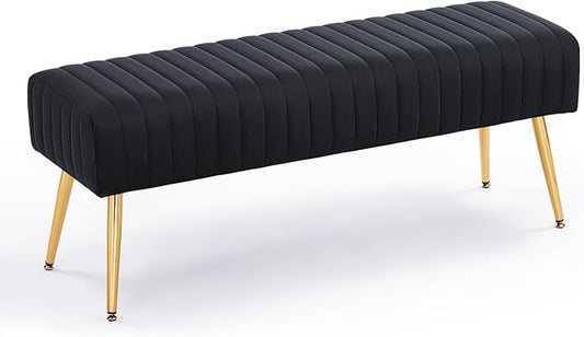 Furnimart 44 Inch Bedroom Ottoman Bench, Black Upholstered End of Bed Bench with Gold Legs for Living Room Bedroom Dinning Room Entryway, Black