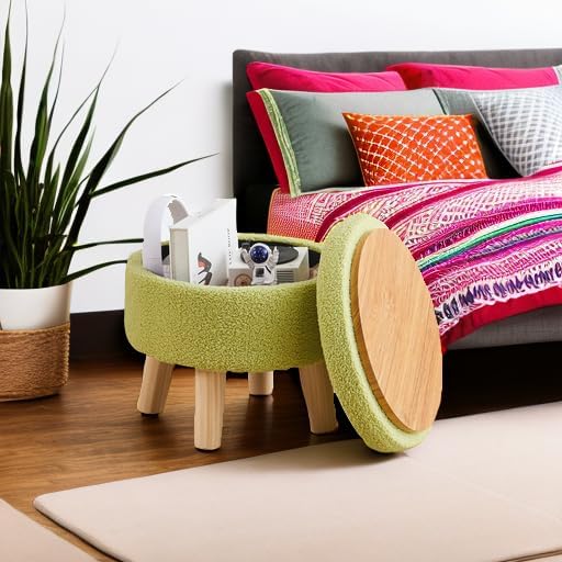 Wimarsbon Storage Ottoman, Modern Round Footrest with Soft Padded Seat, Teddy Velvet Footstool with Wood Legs, Accent Small Table or Plant Stand for Hallway, Living Room (Brilliant Green)