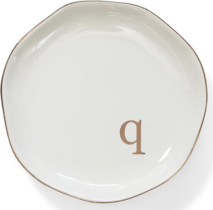 HOME SMILE Initials Ring Dish Jewery Tray with Personalized Q-Monogrammed Engagement Wedding Gifts for Friends,Sister,Birthday Christmas Gifts for Women,Ceramic White