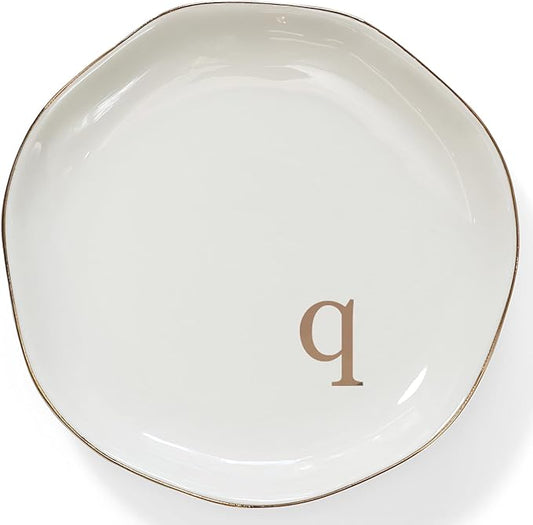 HOME SMILE Initials Ring Dish Jewery Tray with Personalized Q-Monogrammed Engagement Wedding Gifts for Friends,Sister,Birthday Christmas Gifts for Women,Ceramic White