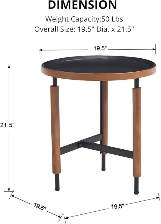 HEAH-YO 20" Round End Table, Small Side Table with Wood Tray Top, Sofa Table with Walnut Wrapped Metal Legs,Industrial & Farmhouse Nightstand for Living Room/Office Reception, Black