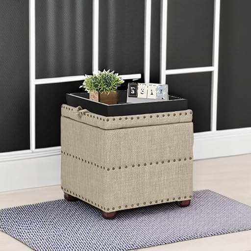 Adeco 18 Inch High Cube Ottoman Storage, Linen Beige Chair Foot Stools with Tray, Upholstered Vanity Stool with Solid Wood Legs
