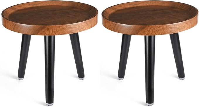 Indoor Plant Stand,Wood Mid Century Plant Table in Walnut Finish,Tall Plant Stand for Flower Pot,Modern Round Small Side End Table with Raised Design (Walnut, 12"x10.8" 2 Pack)