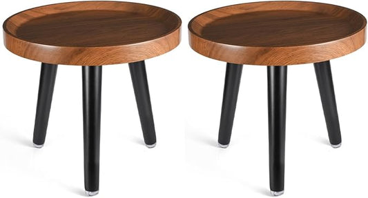 Indoor Plant Stand,Wood Mid Century Plant Table in Walnut Finish,Tall Plant Stand for Flower Pot,Modern Round Small Side End Table with Raised Design (Walnut, 12"x10.8" 2 Pack)