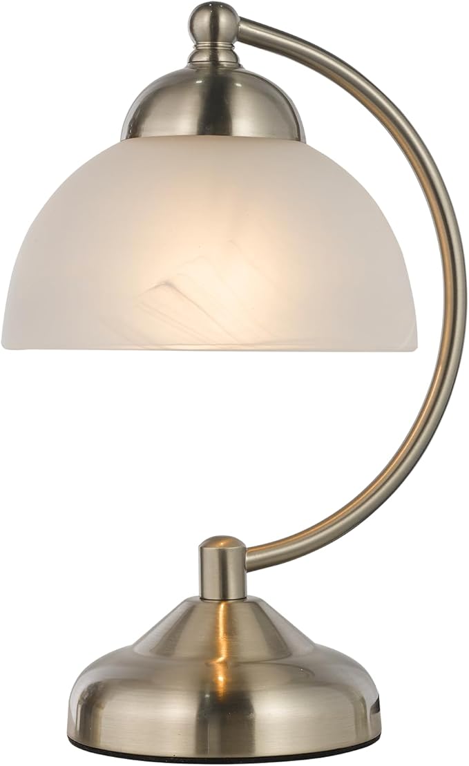 Small Modern Touch Glass Bedside Table Lamp, 7 x 7 x 10 Inch Brushed Nickel Metalwork Base Table Lamp for Bedrooms and Office (White Frosted Glass Shade)