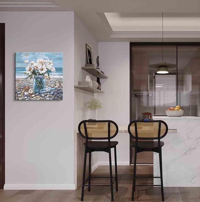 YUEYARIT Bathroom Wall Decor Beach Wall Art Ocean Theme Blue Picture Canvas Print Modern Coastal Artwork Framed Hanging Dining Office Living Room