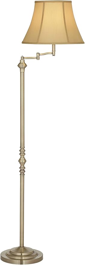Regency Hill Montebello Traditional Adjustable Swing Arm Floor Lamp Standing 60" Tall Antique Brass Metal Column Golden Tan Bell Shade for Living Room Reading House Family Bedroom Home