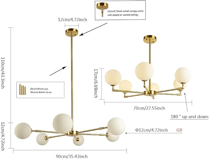 6-Lights Globe Mid Century Chandelier Modern Sputnik Pendant Light Fixture with G9 Bulb Brushed Brass Finished with White Globe Glass Lampshade Dining Kitchen Island Bedroom Lighting (Gold)