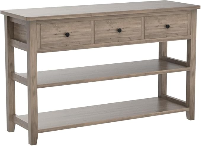 Karl home Console Table Entryway Desk, Sofa Side Table with 3 Drawers 2 Bottom Storage Shelves, Vintage TV Stand for Hallway Living Room Office, Wash Grey 29.9" H