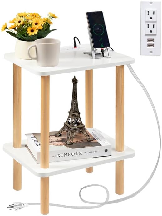 FORAOFUR End Table with Charging Station, End Tables with USB Ports and Outlets, Small Side Table for Living Room, Bedroom & Office, Two-Tier Narrow Side Table, Easy Assembly
