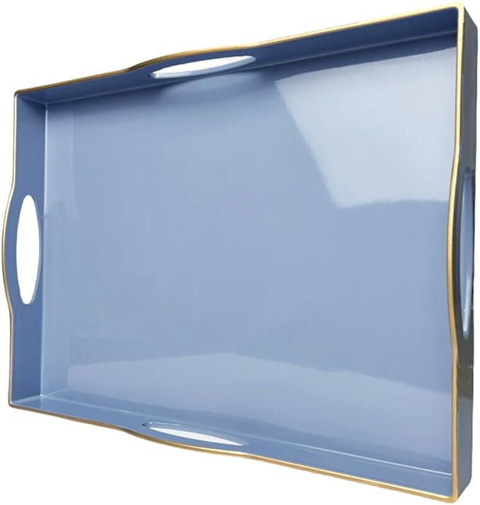 Blue Serving Tray with 4 Handles, Plastic Decorative Tray for Coffee Table, Ottoman - Ideal for Living Room & Bathroom. 15” x 11” x 1.9”