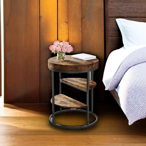 Tribesigns Round End Table Set of 2, 3-Tier Side Table with Storage, Rustic Industrial Nightstand for Small Spaces, Wood Metal Accent Table for Living Room, Bedroom, Sofa, Bedside, Rustic Brown