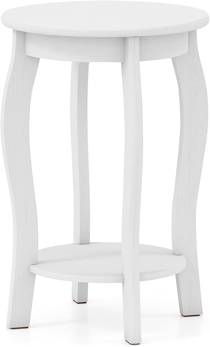 Giantex Round End Table, Wooden Side Table with Storage Shelf, Small Nightstand with Solid Wood Legs, 2-Tier Accent Table for Living Room Bedroom, White