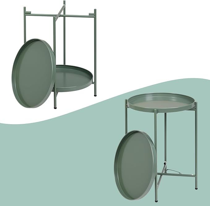 HollyHOME 2-Tier Round Side Table, Outdoor Small Folding Accent Stand with Removable Tray, Anti-Rust Metal Asional Table for Balcony Patio Living Room, Nightstand for Bedroom(Matcha Green)
