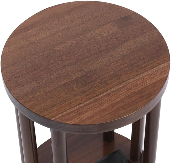 9 x25 Fully Assembled Walnut Wood Round Drink Table with Charging Station, Mid-Century Modern Circle Wood Accent Pedestal Table for Living Room or Small Bedroom Nightstand