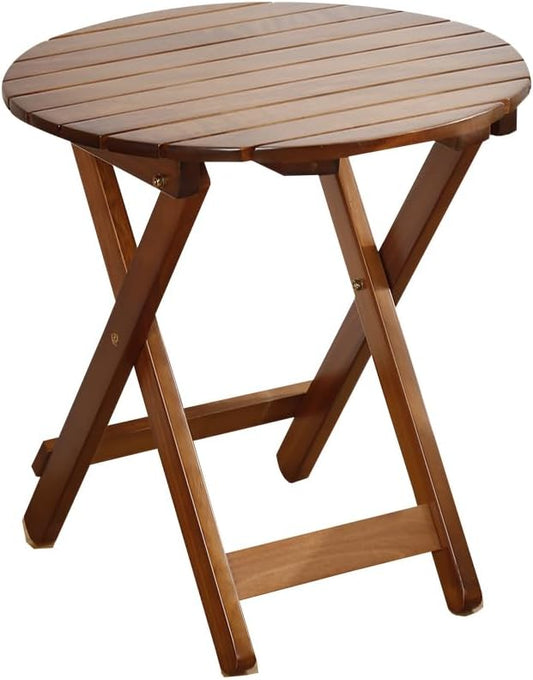 Outdoor Small Table Round Folding Side Table, Foldable Wooden End Table for Indoor, Porch, Patio, Camping as Coffee Table or Plant Stand, Brown ﻿