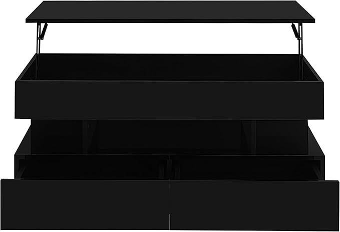 39.3" Lift Top Coffee Table with 2 Drawers and LED Lights, Modern Rectangular High-Gloss Center Table Cocktail Tea Table with Lift-Top and Hidden Space for Living Room Apartment Black